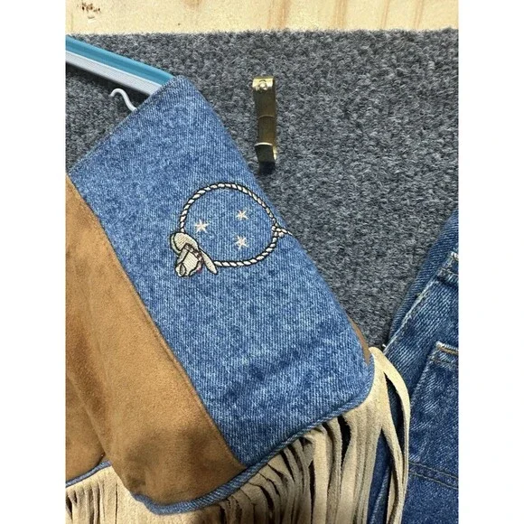 Vintage SapMan Western 80’s Denim Fringe Skirt Midi W/ Poncho Size 5/6 - Picture 10 of 13